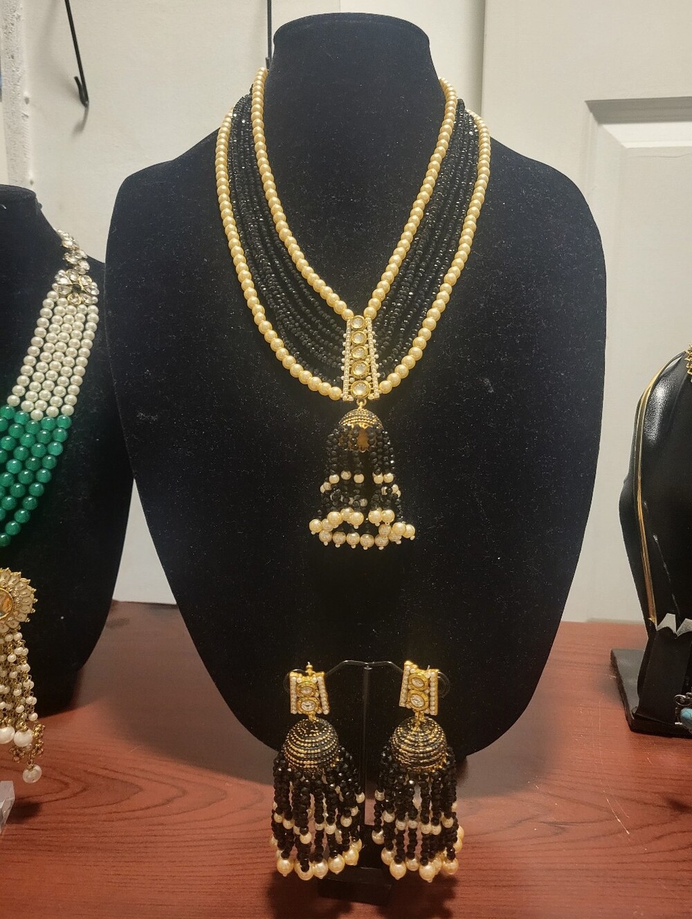 Gold and Black Beaded Necklace Set with Tassel Pendant